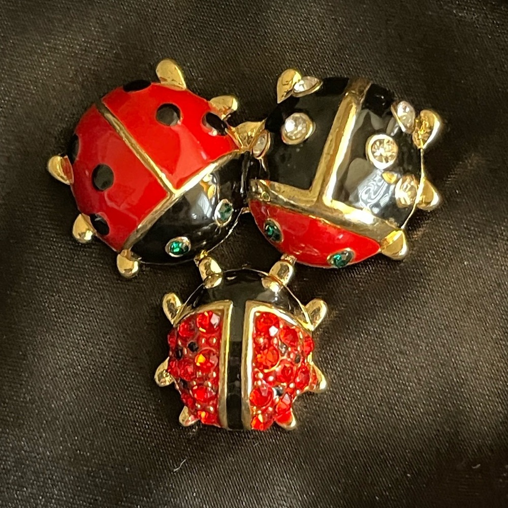 Vintage Gold Tone & Red & Black Enamel And Bejeweled Ladybug’s Trio Brooch